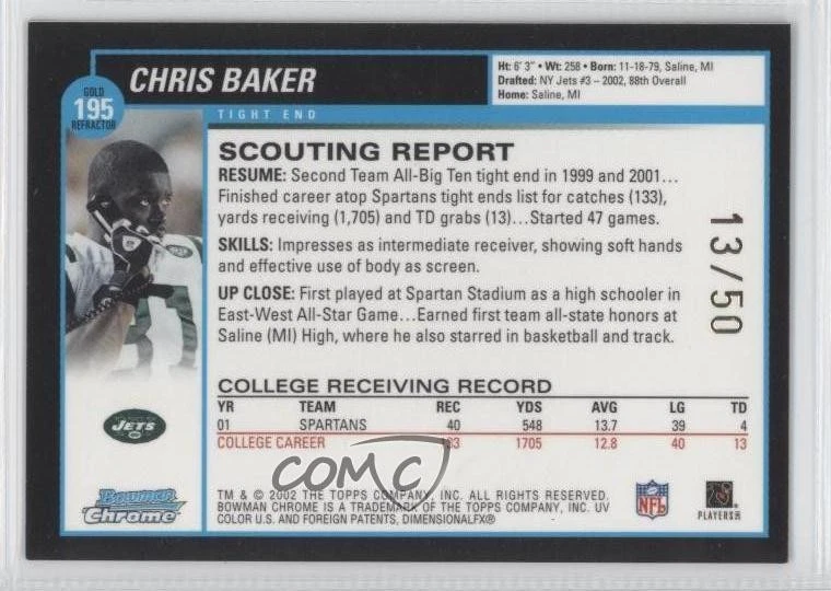 2002 Bowman Chrome Gold Refractor /50 Chris Baker #195 Rookie RC - Image 2 of 2