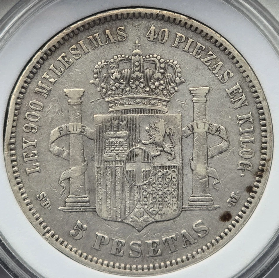 Spain 1871 (71) SD-M 5 Pesetas Silver Coin Strong Details - Rim Damage - Image 2 of 2