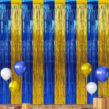 6 PCS 3.3x6.6Ft Graduation Foil Fringe Curtain Backdrop Blue Gold Metallic