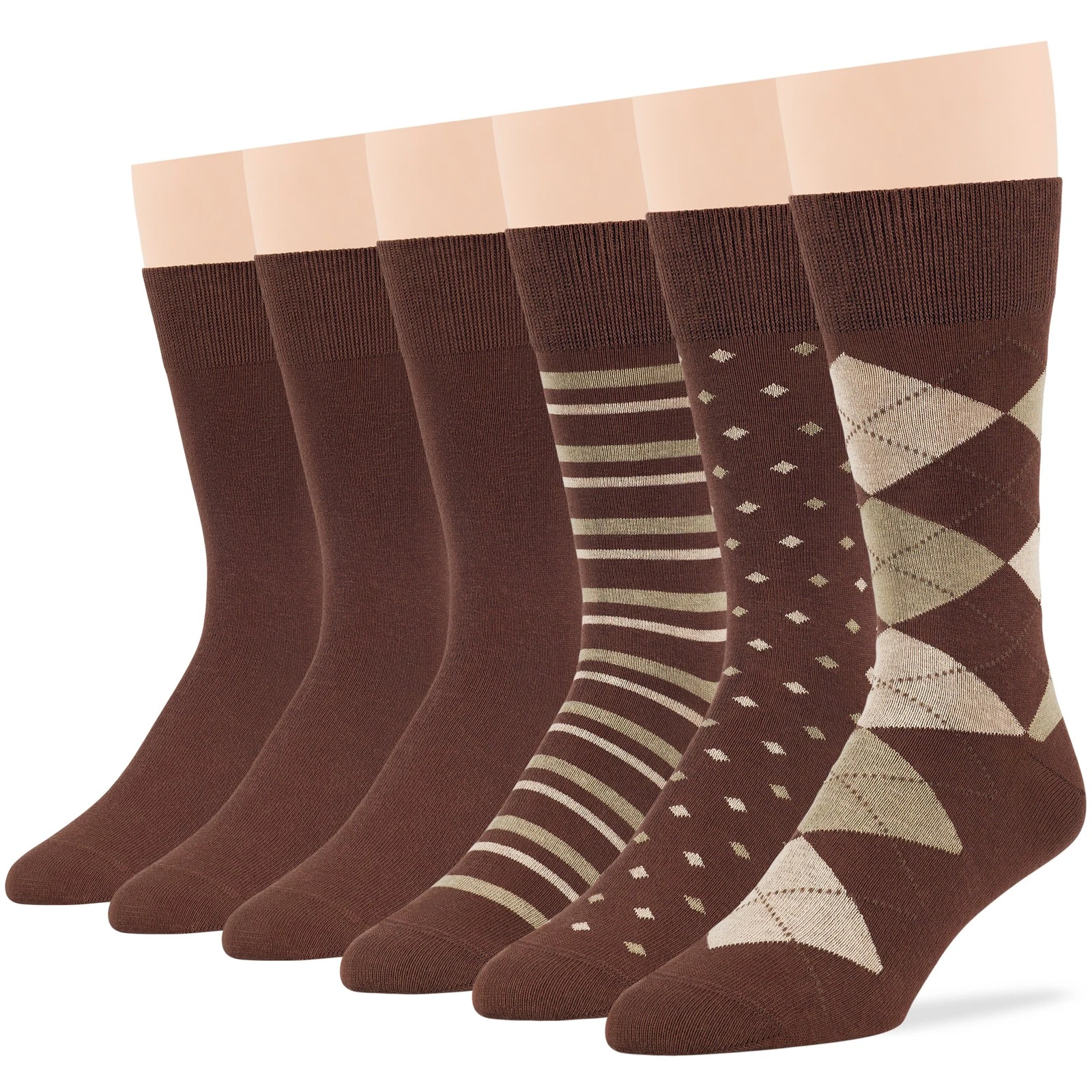 Men's Cotton 6 Pack Dress Solid Argyle Dotted Striped Socks Large 10-13 Brown