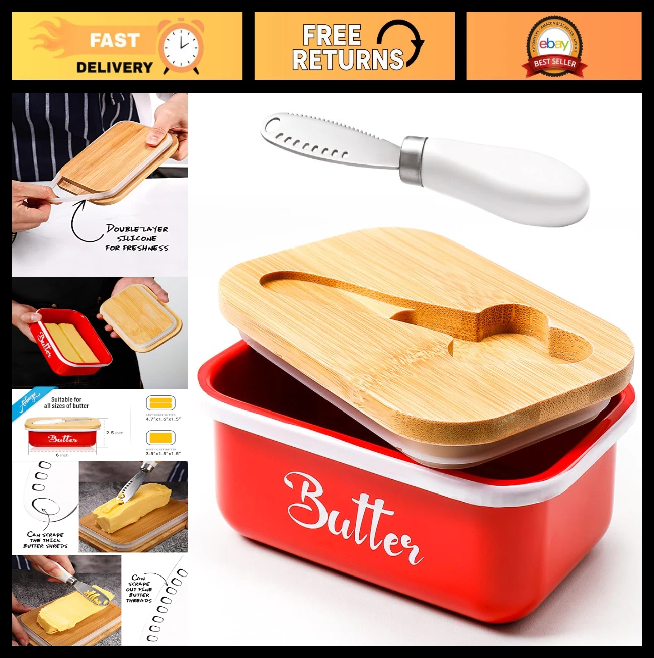 Large Metal Butter Dish with Lid, Stainless Steel Knife, Silicone Kitchen Gift,