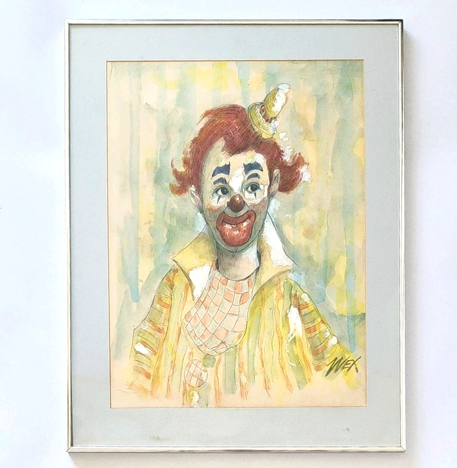 Pintura Acuarela Original Mediados de Siglo Payaso Feliz Retrato Firmado Arte Enmarcado Foto 4 de 4