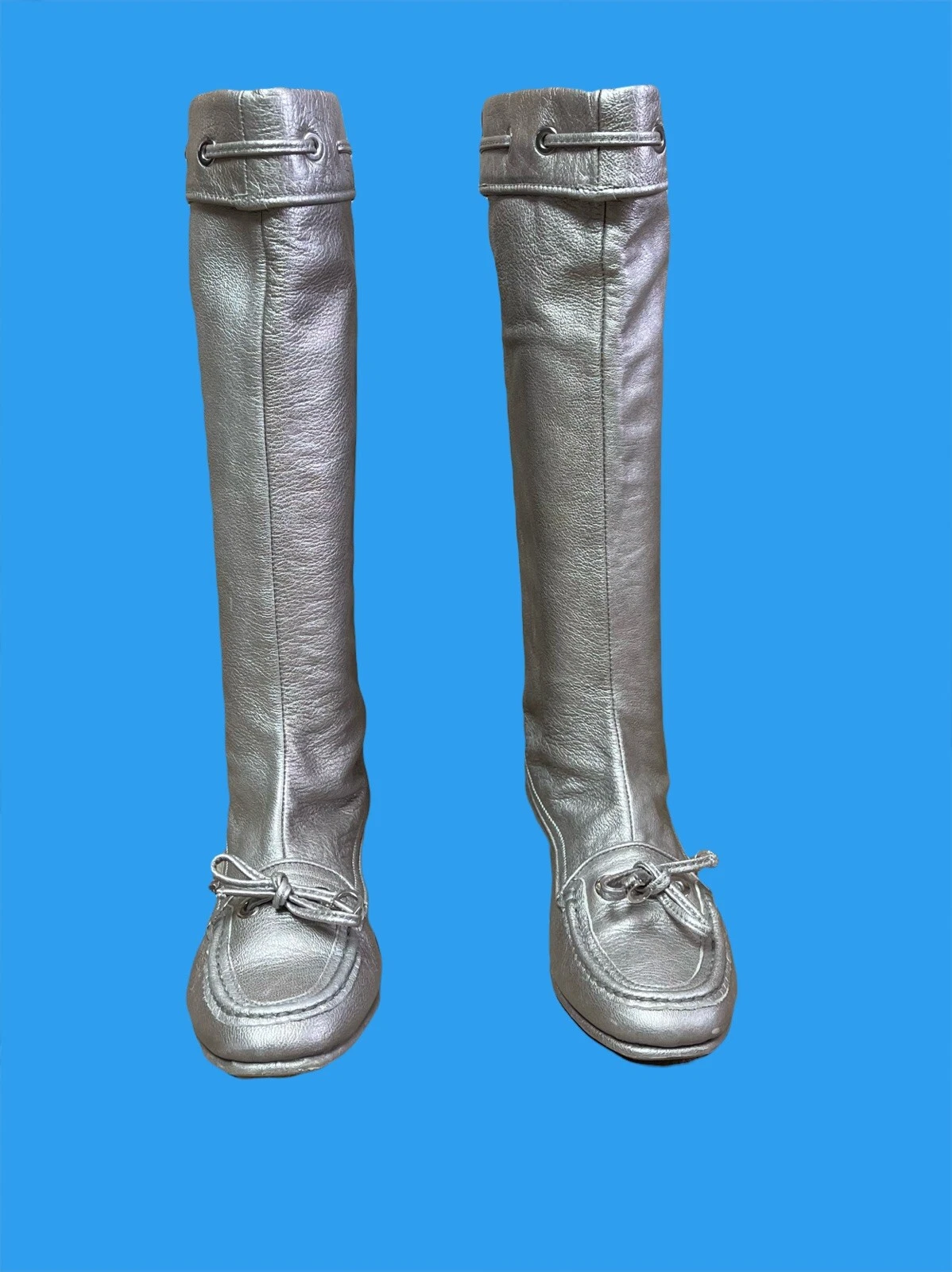 Bottes hautes femmes Christian Dior Designer en cuir argenté taille UK 4 EU 37