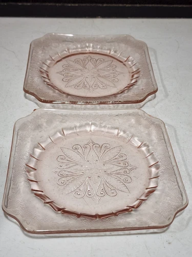 SET OF 2- Jeannette Adam Pink Square Depression Glass 6" Bread & Butter Plates