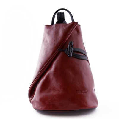 Zaino in Vera Pelle per Donna con Bretelle a Cerniera Rosso Nero