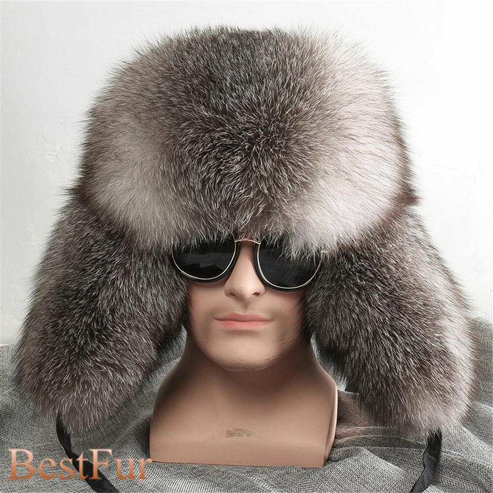 Male Full Covered Real Fox Fur Hat Russian Ushanka Hat Cossack Warm Trapper Cap - Image 2 of 4