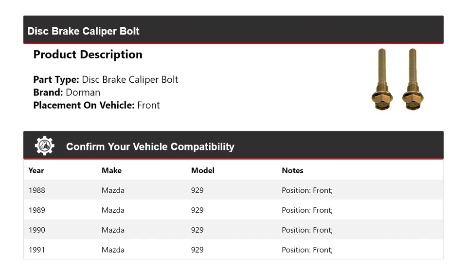 Передний болт суппорта дискового тормоза для Mazda 929 Dorman 1988-1991 годов выпуска 1989 1990 годов выпуска - Изображение 2 из 4