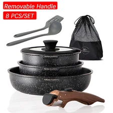 8 PCS Cookware Set Nonstick Granite Coated Pots and Pans Set w/ Removable Handle