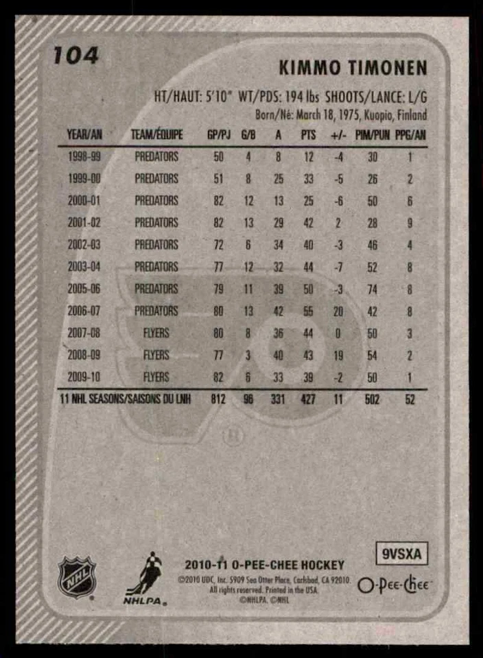 2010-11 O-Pee-Chee Kimmo Timonen #104 - Image 2 of 2