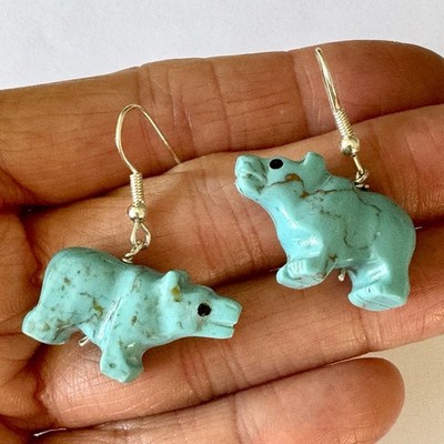 VTG Zuni Bear Fetish Earrings Carved Turquoise Dangle Sterling Hook Native