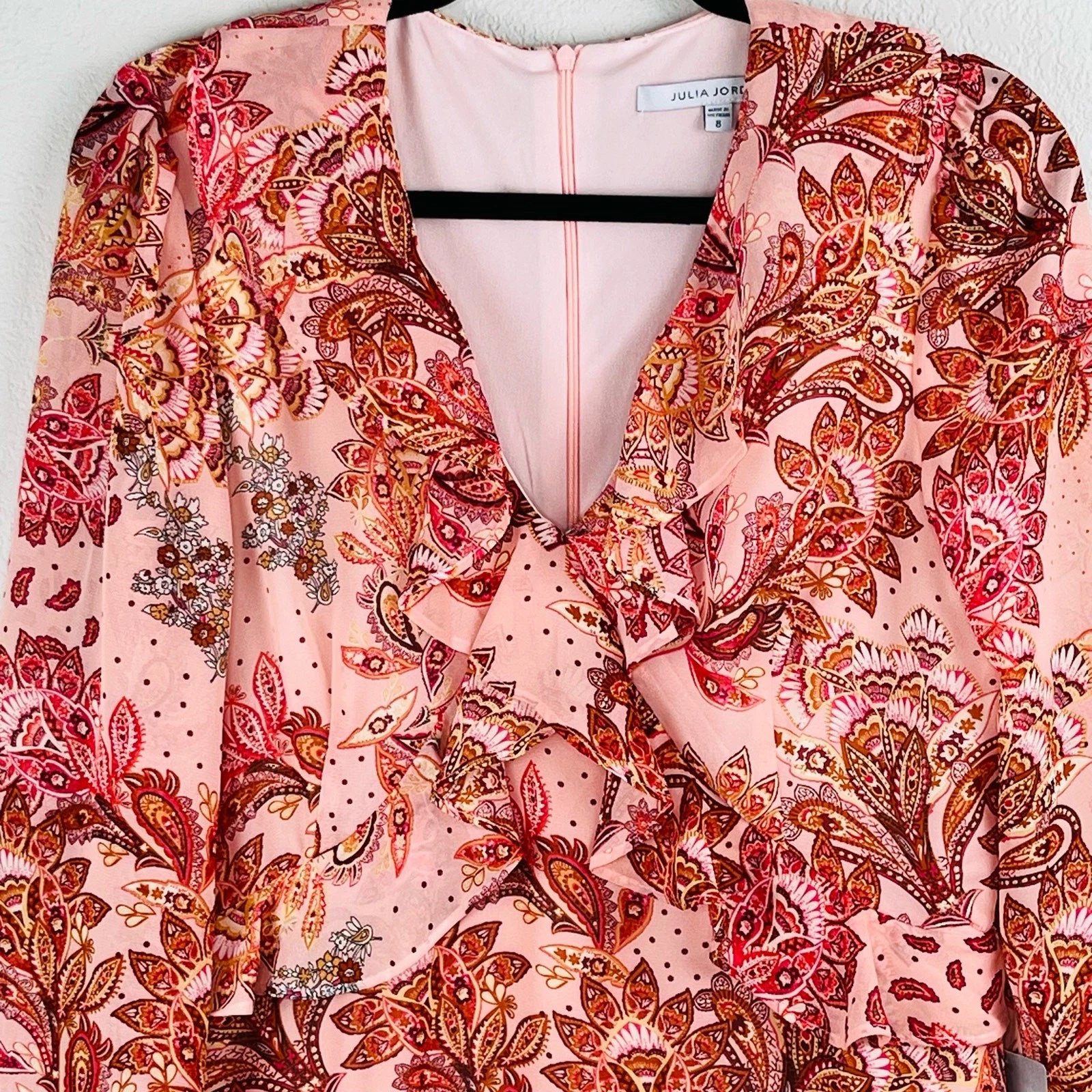 VETEMENTS Abito midi Julia Jordan balza arricciata manica a campana floreale paisley rosa 8 nuovo con etichette