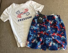 NWT 2pc Under Armour Red, Blue And White Swim Shirt  Shorts Boys 5