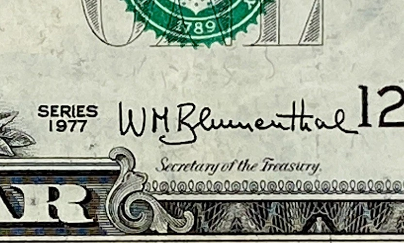 Vintage DC Series 1977 FRN Fancy Serial Number One Dollar Bill Miss CUT RARE 7s - Image 2 of 4