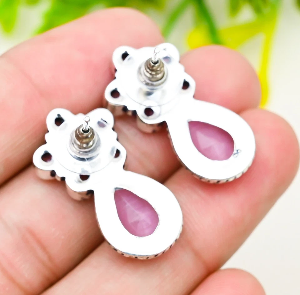 Orecchini gioielli in argento sterling 925 con calcedonio rosa, pietra... - Immagine 4 di 4