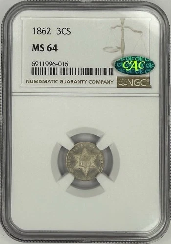 1862 3CS Three Cent Silver NGC MS64 CAC‼️😱LUSTROUS CAMEO APPEARANCE⭐️
