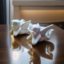 Pair Of Vintage Ceramic Angel Cherub Taper Candle holder Figurines White Glazed