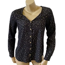 Attention Womens XS Black Gold Polka Dot Button Front Long Sleeve Blouse Top 