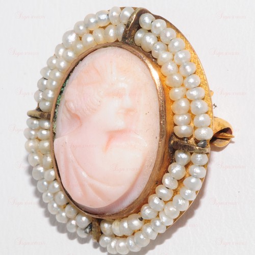 Art Nouveau Brooch Angel Skin Natural Coral Carved Cameo 14k Yellow Gold - Picture 4 of 6