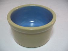 Crock Cat Dog Bowl Dish Pottery Tan Blue 4 inch