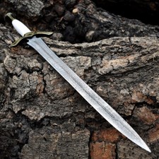 Custom Hand Forged Damascus Steel Viking Sword With Leather Sheath..