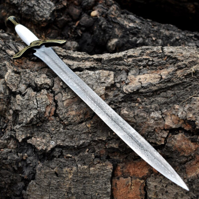 Custom Hand Forged Damascus Steel Viking Sword With Leather Sheath..