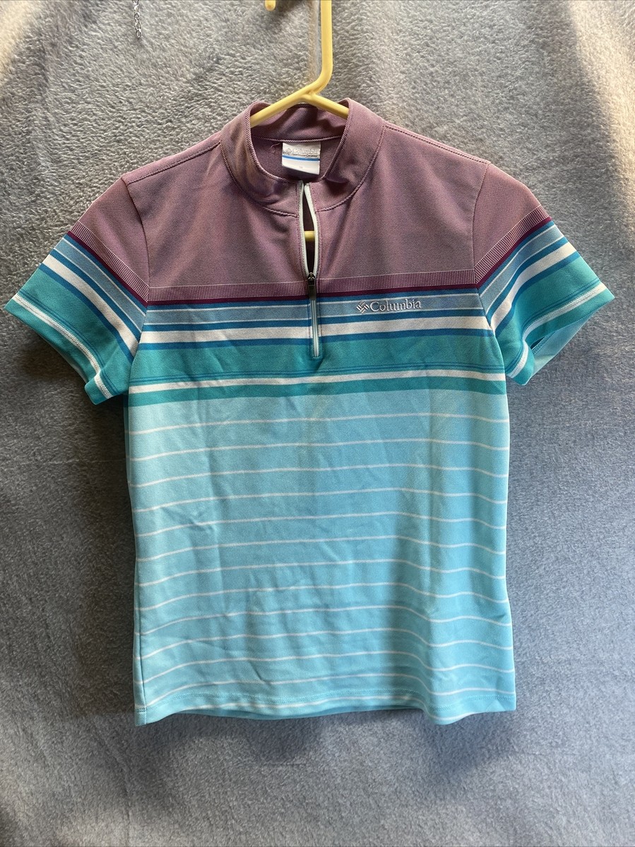 COLUMBIA Women Sz M POLO SHIRT 1/4 Zip Red Blue White Teal Striped
