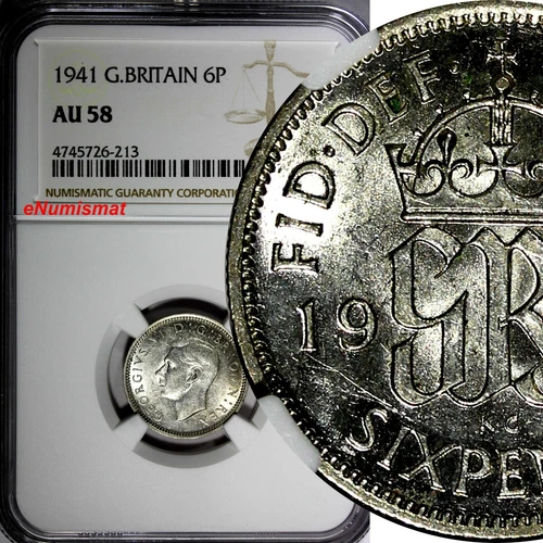 GREAT BRITAIN George VI Silver 1941 6 Pence NGC AU58  KM# 852 (213)