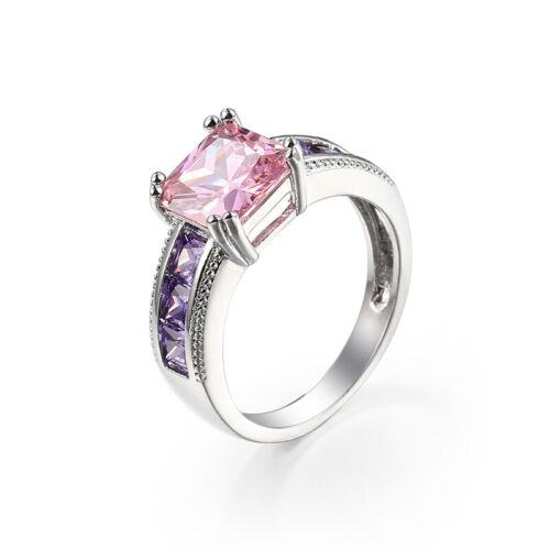 Multi Square Cut Pink Topaz Purple Amethyst Gems Silver Woman Ring Size 6-10 New - Picture 1 of 6