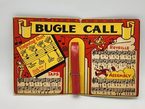 Vintage NOS 1920s Louis Marx Co Toy Bugle Call w/ Advertising Card Chart