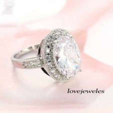 3CT Oval Cut Real Moissanite Halo Engagement Wedding 14K White Gold Over Ring