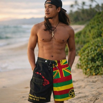 HIC Hawaiian Island Creations Board Shorts Mens 42 Rasta Hawaii Flag Black Surf