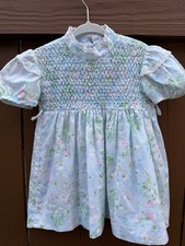 Vintage Baby Girl Smocked Dress Blue Floral Heirloom Lace 12M No Tag