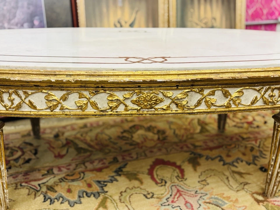 Antique Coffee Table French Louis XVI Gold Gilt Carved Wood Frame w /Marble Top - Image 3 of 4