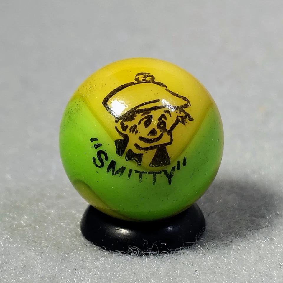 0.65" Peltier Comic Marble "Smitty" yellow & Green Partially on Patch HTF UV M- - Image 2 of 4
