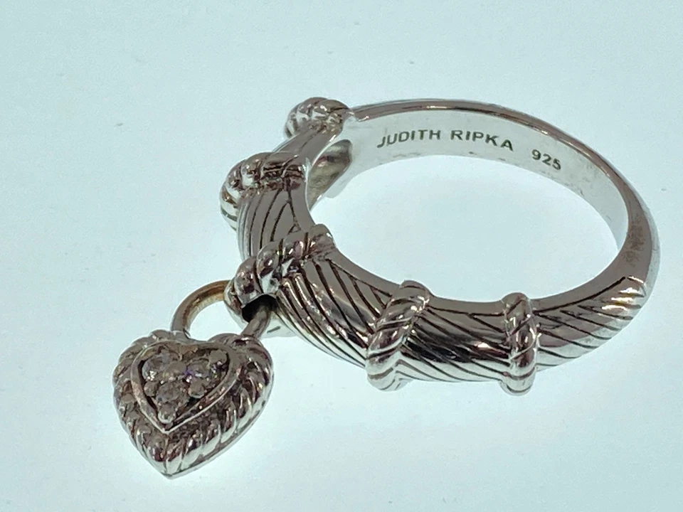 Judith Ripka Dangling Heart Charm CZ Stones Sterling Silver Fidget Ring Size 7 - Image 3 of 4