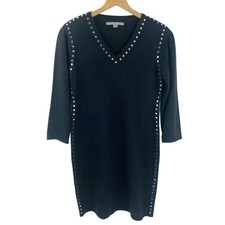 Marc New York Andrew Marc Gray Studded V-Neck Sweater Dress 3/4 Sleeve Womens L