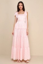 New Lulus Picturesque Allure Blush Pink Jacquard Tie-Strap Maxi Dress XL