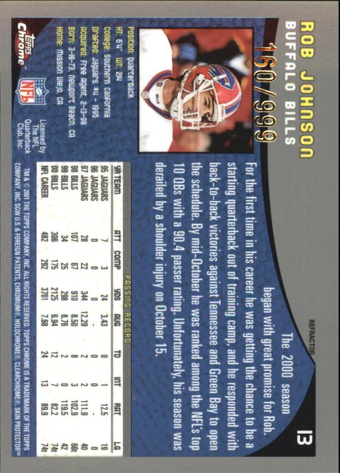 2001 Topps Chrome Refractors #13 Rob Johnson /999 - NM-MT - Image 2 of 2