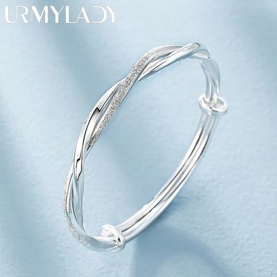 925 Sterling Silver Weave Bracelet Adjustable Bangle Women Wedding Jewelry