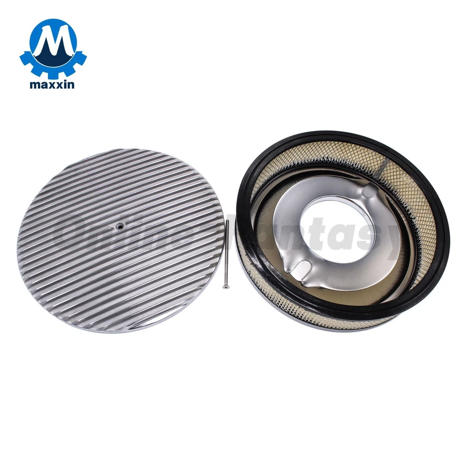 Filtro purificador de aire de aluminio pulido redondo con aletas de 14"x 3" para Chevy SBC Ford BBC Foto 2 de 4