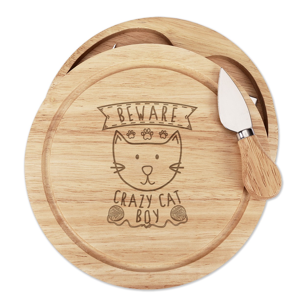 Beware Crazy Cat Boy Cheese Board Knife Set Funny Kitten Animal Pet