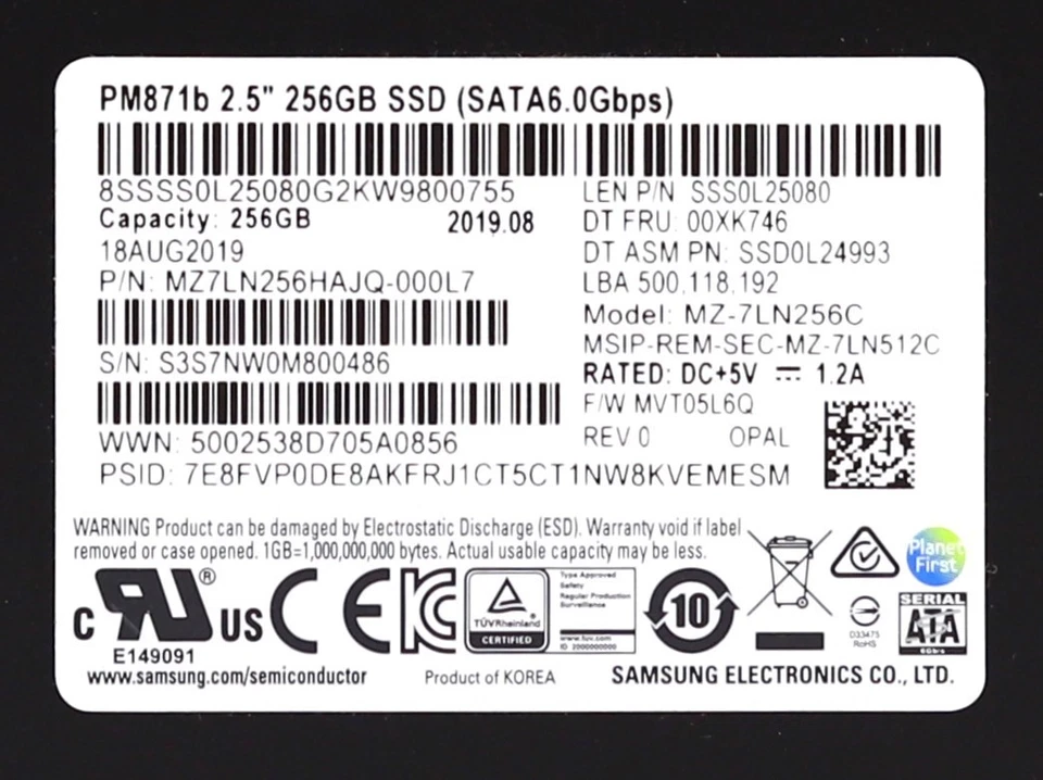 Lenovo MZ-7LN256C PM871b 256GB 2.5" 6Gb/s SATA Solid State Drive P/N: 00XK746 - Image 2 of 2