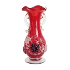 Vintage Art Glass Bud Vase Splatter Red White Pontil Mark 6" Tall Double Handle
