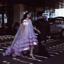 Pink Ruffles Trimmed High Low Long Maxi Gowns O-neck Tulle Bridal Dress Oversize