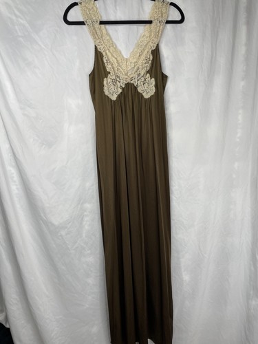 Vtg Kayser Peignoir & Robe Set Long Nightgown Nylon W/ Brown Off White Lace Sz S - Picture 3 of 11