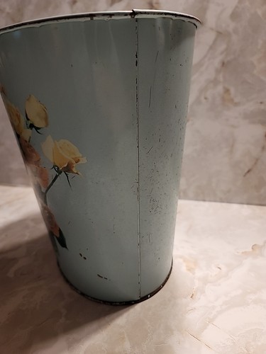 Vtg Teal Blue Floral Mid Century Trash Can Metal Steel 12in Oval Waste Basket - Picture 4 of 7