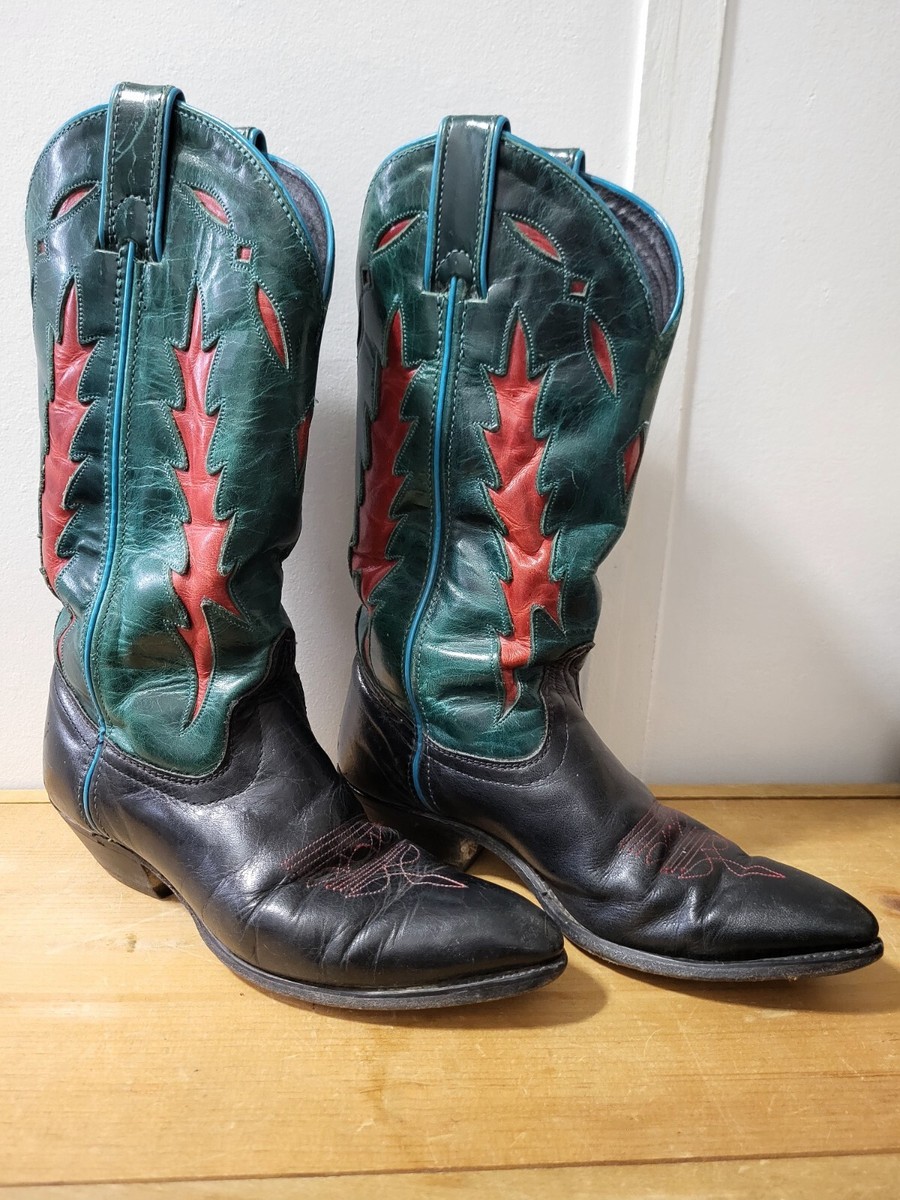Vtg 70s Teal Blue Red Leather Cowboy Boots Inset Code West Texas