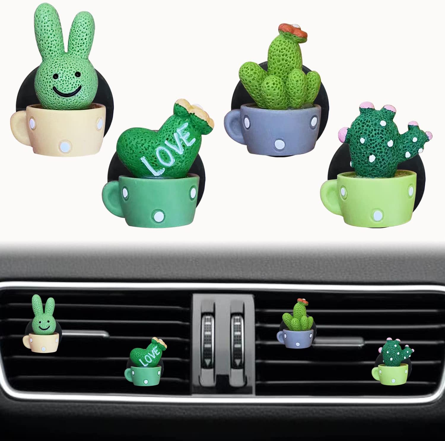 4 Pcs Cactus LOVE Air Vent Clips, Cute Cactus LOVE Car Air Fresheners Vents Clip