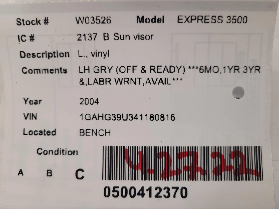 二手左遮阳板 适合:2004 雪佛兰 Express 3500 van L. 乙烯基左 C 级 — 第 3/4 张图片