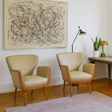 Fauteuils Vintage Bois Laiton Simili Cuir Design Années 60 Originaux